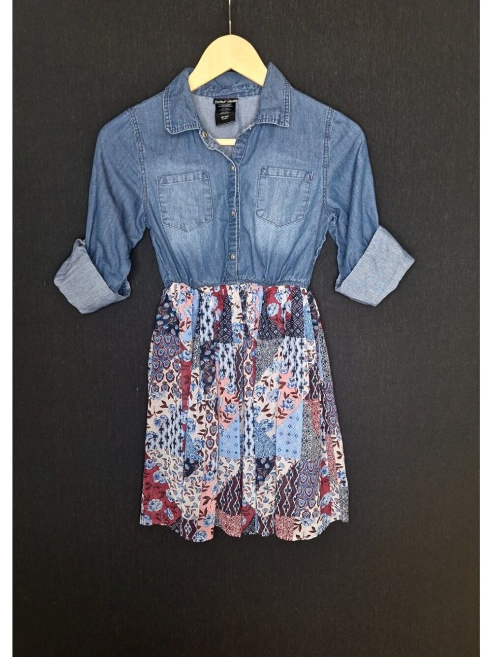 💙 Paper Doll Girls Denim Patchwork Dress Size M 10/12 Long Sleeve Button Front
